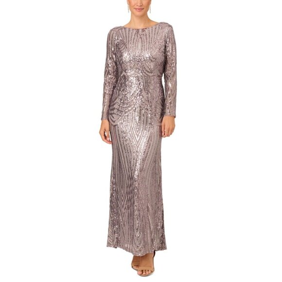 Adrianna Papell Size 12 Stone Gray Sequin Gown Long Sleeve Cocktail, Formal Maxi - Picture 1 of 12